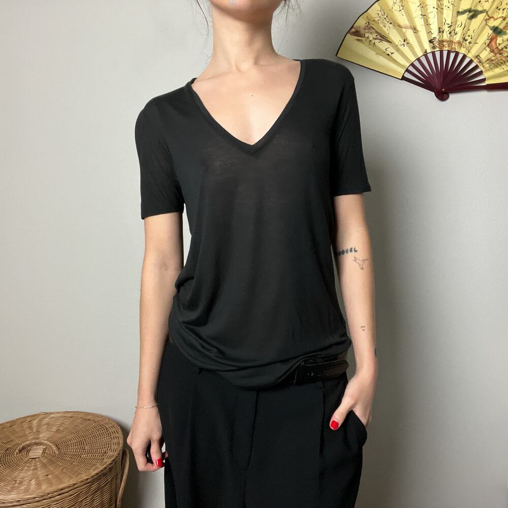 helmut lang black semi sheer slouchy v neck draped cutout back tee shirt top